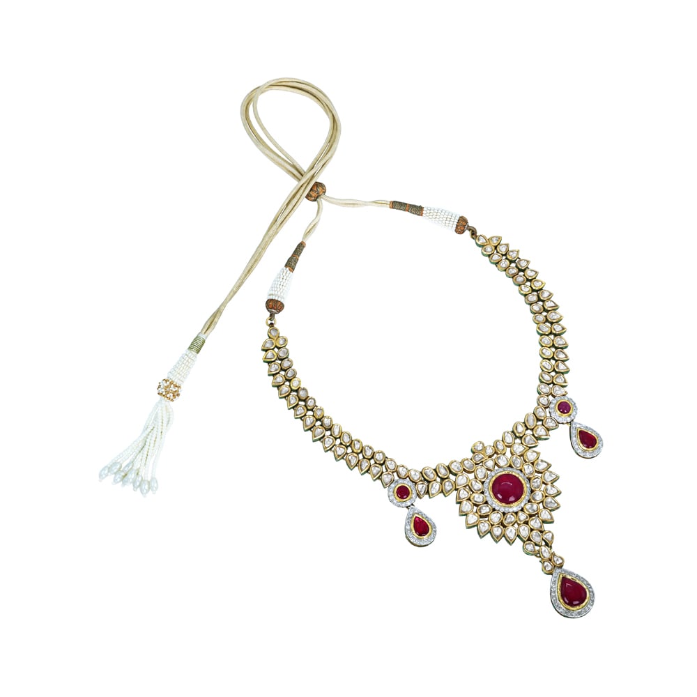 Rhodolite Cabochon Necklace with Polki Diamonds and Teardrops